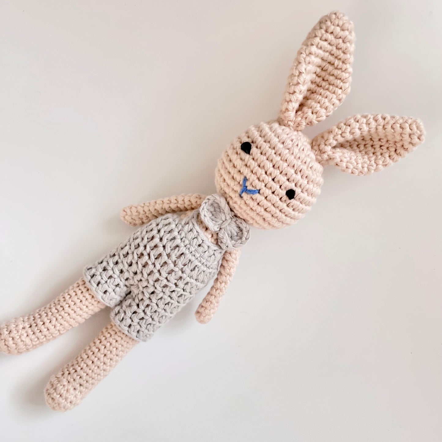 Petit Crochet Bunny Doll in Gray Overalls
