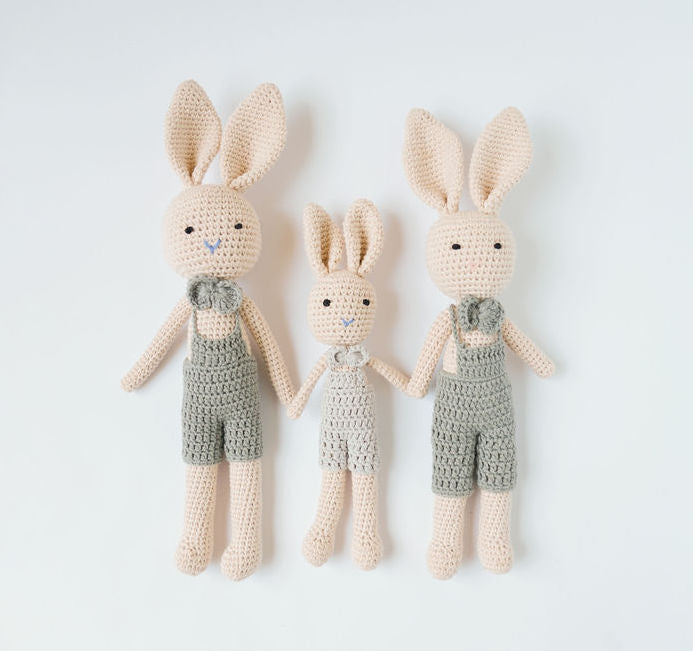 Petit Crochet Bunny Doll in Gray Overalls