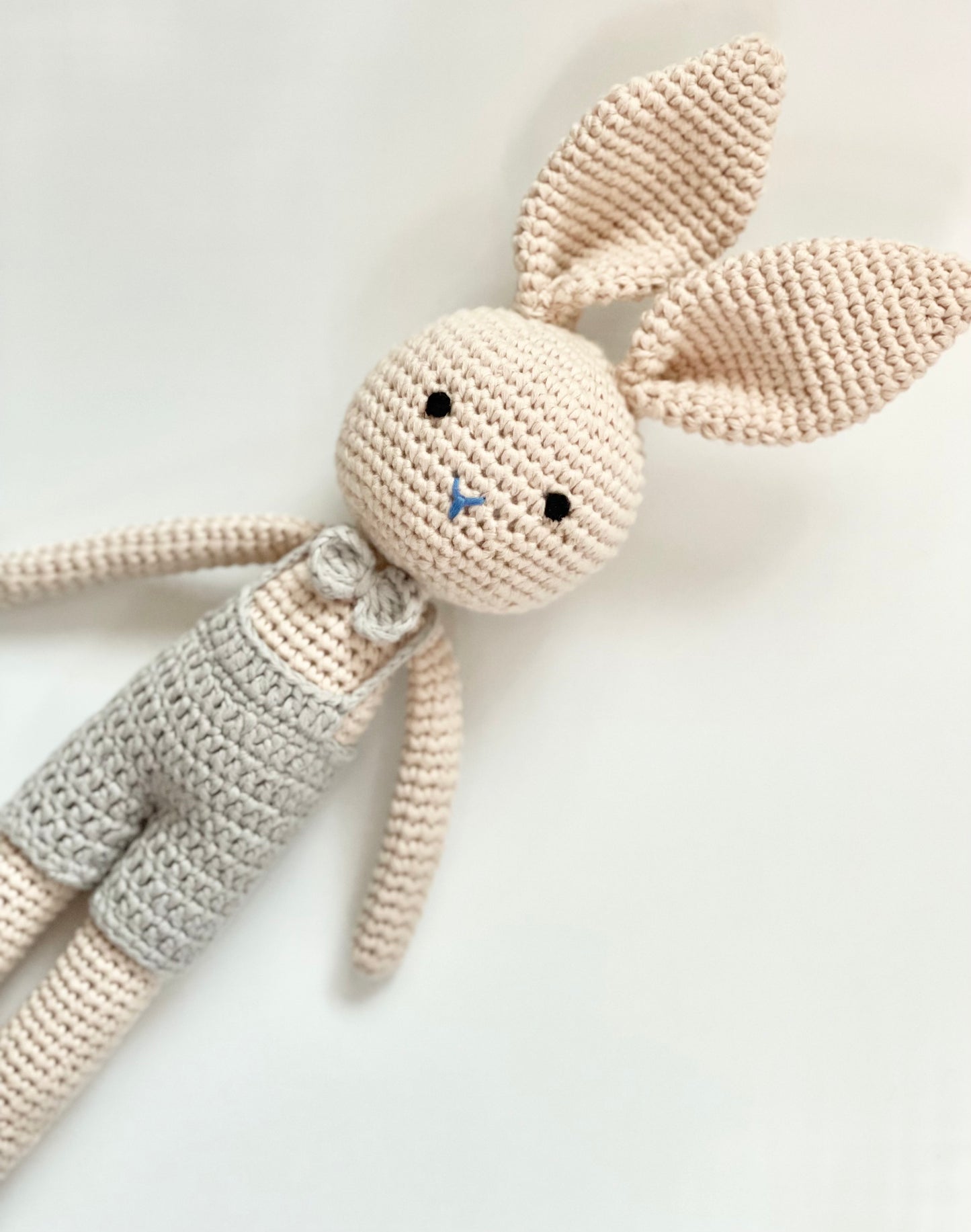 Crochet Bunny Doll in Gray Overalls