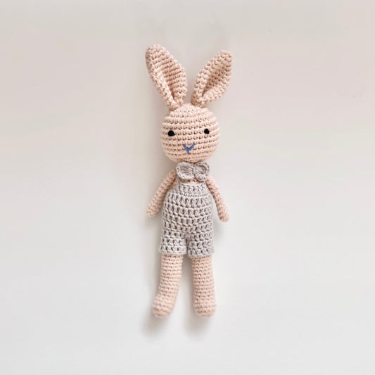 Petit Crochet Bunny Doll in Gray Overalls